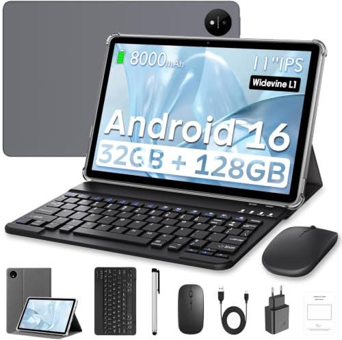 Tablet 11 Pulgadas, Tableta Android 16 con Teclado, Octa-Core T7250 , 32GB RAM + 128GB ROM+ 1TB TF, Pantalla HD IPS 1920x1200, Cámara Dual 8MP + 16MP, 8000 mAh, Gemini AI, Widevine L1, GPS, BT 5.0