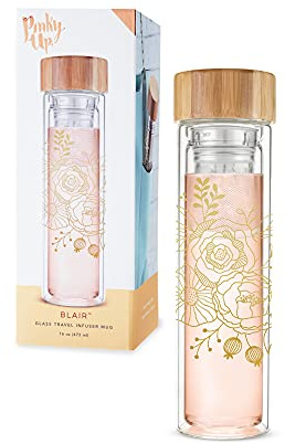 Pinky Up Blair Travel Infuser Mug, Double-Walled Glass, Stainless Steel Strainer, 16 Oz, Bouquet