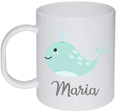 Kembilove Taza de Desayuno Infantil Personalizada – Tazas Plástico Personalizadas con el Nombre del Niño o Niña Vuelta al Cole – Diseño Ballena
