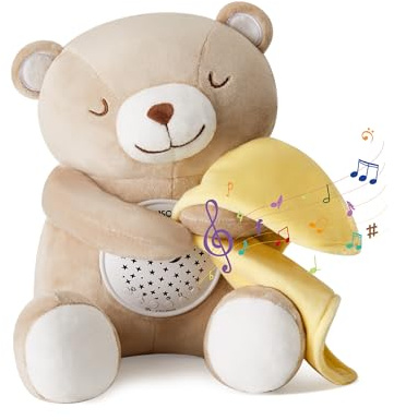 APUNOL Einschlafhilfe Babys Musik und Licht, Babys Nachtlicht Projektor Wiederaufladbar kinder Babyparty Geschenk Mädchen und Junge Spielzeug Teddy mit Weißes Rauschen, Weinen Erkennungs Sensor