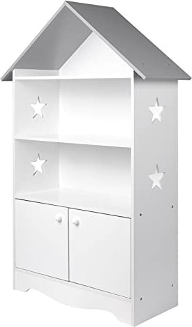 WOLTU Libreria in Legno per Bambini, Scaffale a Forma di Casa, Porta Giochi Organizzatore per Cameretta, con Ante Bianco + Tetto Grigio 62x27,2x115cm