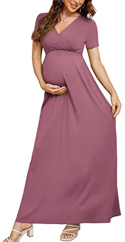 Xpenyo Women's Maternity Dresses Summer Casual Short Sleeve V Neck Wrap Long Maxi Dress Pregnancy Clothes for Baby Shower, Photoshoot, Party, Daily, Nursing, Mauve M
