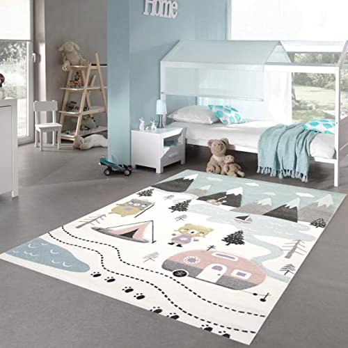 Teppich-Traum Kinderzimmer Teppich Spielteppich Bären Zelt Berge Camping Wohnwagen Tannen Fluss Creme pink grau, Größe 140x200 cm