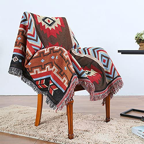 BINGMAX Gewebte Überwurfdecke, 100% Baumwolle, mit Fransen, Handtuch/Steppdecke für Couch, Rot/Blau, Kirim Strickdecke, 130X160 cm Tischdecke Klavierdeckel Freizeitdecke