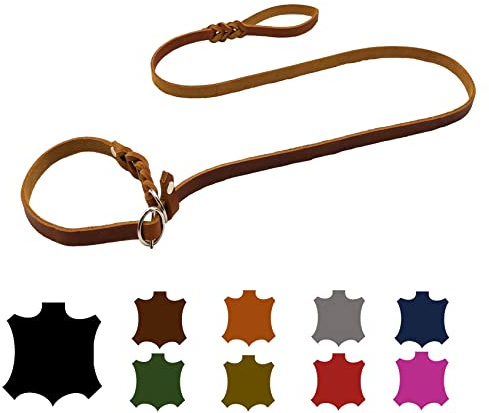 Hundeleine Fettleder Agility/Retrieverleine mit Zugstopp/Moxonleine für kleine Hunde/große Hunde (1,70m X 8mm, Cognac)