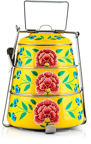 Tiffin pyramide à 3 étages peinte à la main - Peint avec amour par des artisans Kashmiri (jaune)