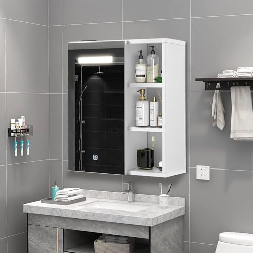 TUKAILAI Spiegelschrank Bad mit LED, verstellbare Böden, 45x17x52cm, Weiß | Badspiegel mit 3-farb LED (Kalt/Neutral/Warm), Touch-Sensor, feuchtigkeitsbeständiges MDF, 3 höhenverstellbare Regale