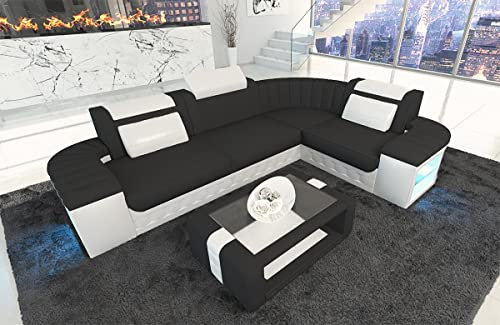 Sofa Bergamo L Form Stoffsofa Couch - mit LED Beleuchtung, verstellbare Kopfstützen, Recamiere/Mikrofaser/Ausrichtung wählbar (Ecke rechts, Schwarz-Weiß C33)