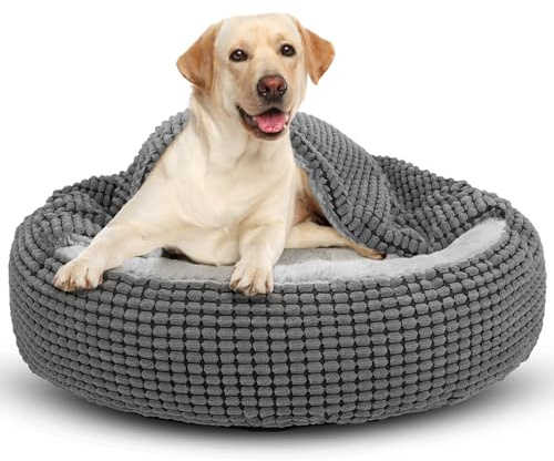 JoeJoy Cuccia per cani di taglia grande e medium, rotonda, con coperta lavabile e soffice, 79x79x20 cm
