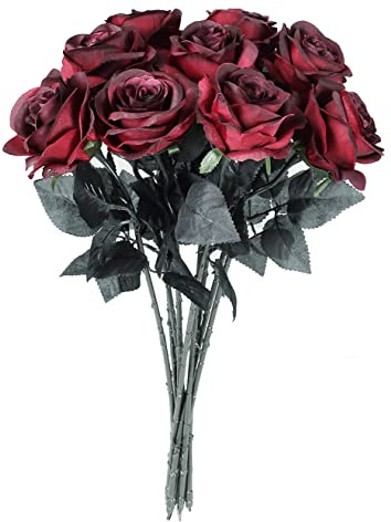Gumolutin 10PCS Artificial Silk Rose Flower Bouquet Fake Vintage Roses with Long Stems for Wedding Party Home Funeral Decoration. Red-Black
