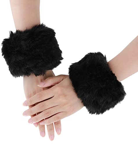 Yolev 1 Paar Pulswärmer Kunstpelz Armstulpen Warmers Handgelenk Manschetten für Damen Mädchen Winter Weihnachts Dekoration (Schwarz)