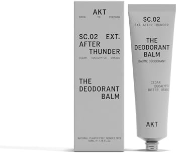 AKT, THE DEODORANT BALM. Award winning, multi-use, natural deodorant. Plastic Free. Gender Free. Aluminium Free. 100% effective — 1 tube lasts up to 3 months. SC.02 AFTER THUNDER. 50ml