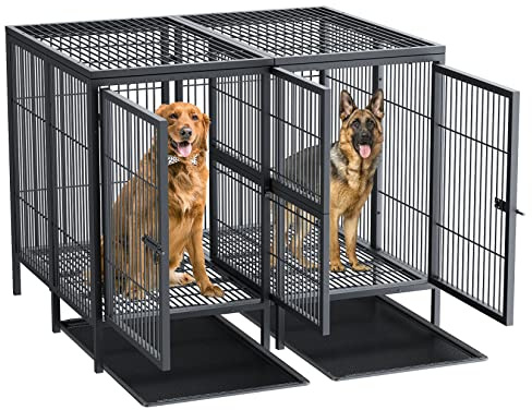 BingoPaw Hundekäfig XXL Schwerlast 2 in 1: Extra große Haustierkäfig mit Abnehmbarer Metalltrennwand, 2 Türen, 2 Toilette Tablett Unzerstörbar Metall doppel Hundebox Indoor Outdoor für 2 Hunde