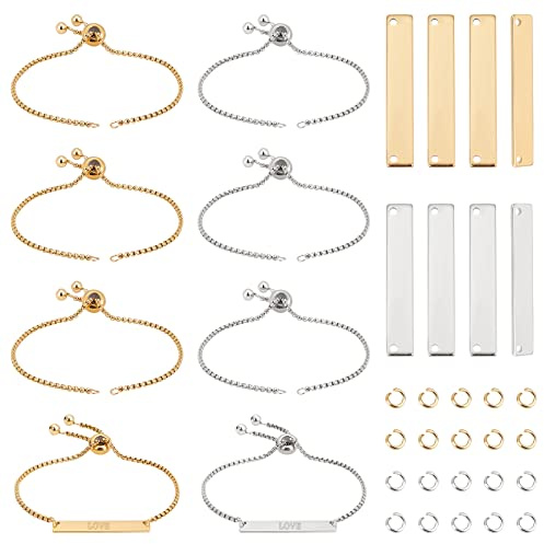 UNICRAFTALE 2 Colors 8Set 24cm Stamping Blank Rectangle Slider Bracelet Making Kit Engravable Blank Tags Links Stainless Steel Slider Bracelets Links Connectors for DIY Bracelet Jewelry Making