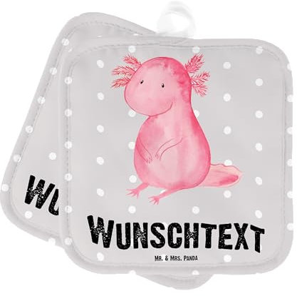 Mr. & Mrs. Panda Personalisierte Topflappen Axolotl Niedlich - Geschenke, Topfuntersetzer, Weisheit, Fröhlich, Personalisierter Ofenhandschuh, Set Personalisiert, Lebensweisheit, Freundin, mit Namen