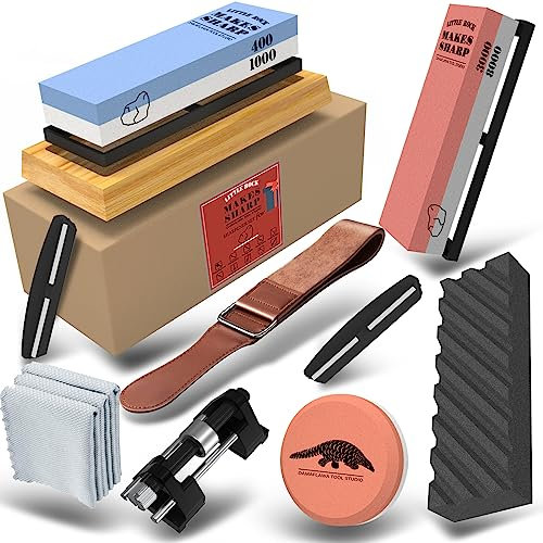 Piedra Afilar Cuchillos, 4 Lados Grano 400/1000 3000/8000 Con Base Antideslizante Guía Angular De Piedra Aplanadora Correa de Cuero Guía de Bruñido (14 Piezas)