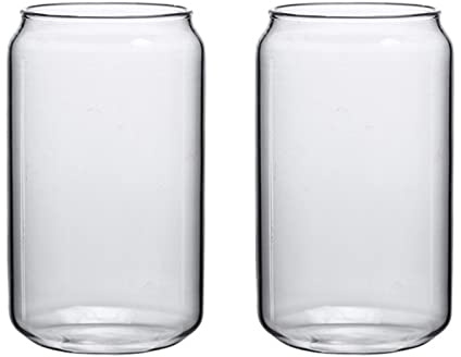 MISNODE Bicchieri, Bicchiere in Vetro con Cannuccia Set da 4 Pezzi, Bicchieri in Vetro a Forma di Lattina, Bicchieri da Birra, Ideale per Cocktail Whisky Vino Frullati Tè Cola(19.6oz * 2pcs)