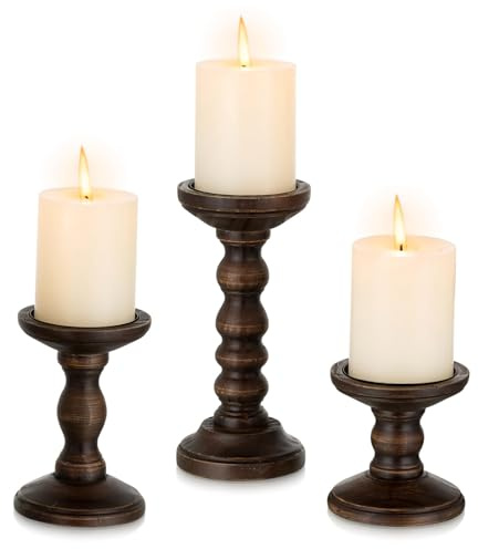 Romadedi Wood Candle Holders for Pillar - Set of 3 Tall Rustic Vintage Wooden Candlestick Holder, Farmhouse Candle Stand for Fireplace Mantle Shelf Table Retro Home Decor, Dark Brown, 3.9/6/ 8.3
