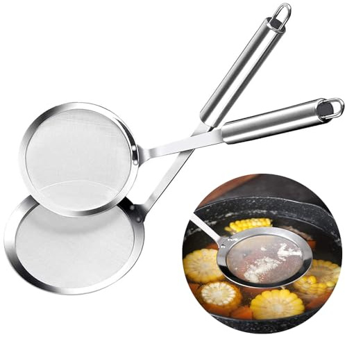 Finmaskig nät sil sked, 2 stycken rostfritt stål kökssil fin sil, slev finmaskig, spindelsil fritslev, fritering filter, för kök, separera oljematta, fett, skum