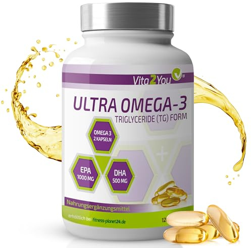Vita2You Ultra Omega 3 Kapseln 2000mg TG Form - 1000mg EPA & 500mg DHA pro 2 Kapseln - 120 Softgel Kapseln - Fischöl - Hochdosiert - Premium Qualität
