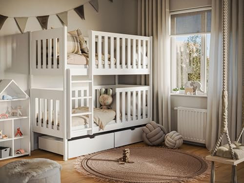 Muebles Slavic Cama Infantil Dino 90x200 cm, litera Infantil, Cama para niños, Proteccion Anti caidas, Cama con Escalera, Madera de Pino, Color Blanco (con colchón de Espuma)