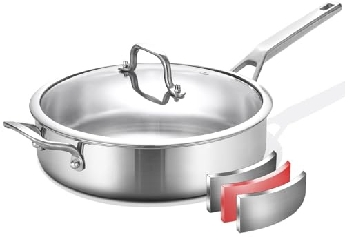 Yeksum Dreilagige Edelstahl-Sautépfanne 6QT, 30,5 cm tiefe Bratpfanne mit Deckel, 3-lagige Sautepfanne mit Deckel, große Pfanne mit kühlbleibendem Griff, Induktionspfanne, spülmaschinen- und ofenfest