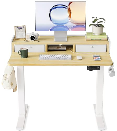 YIHAYO Bureau Assis Debout avec Deux tiroirs, 100 x 60 cm, Bureau Electrique avec étagère, Bureau Réglable en Hauteur Électrique avec Panneau Contrôle à Fonctions Mémoires, Naturel