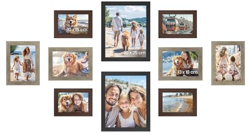 SONGMICS Bilderrahmen 10er Set, Kunststoffscheibe | für 2 Fotos in 20 x 25 cm, 4 Fotos in 13 x 18 cm, 4 Fotos in 10 x 15 cm, MDF, Kastanienbraun, KAVI Kollektion RPF310K03
