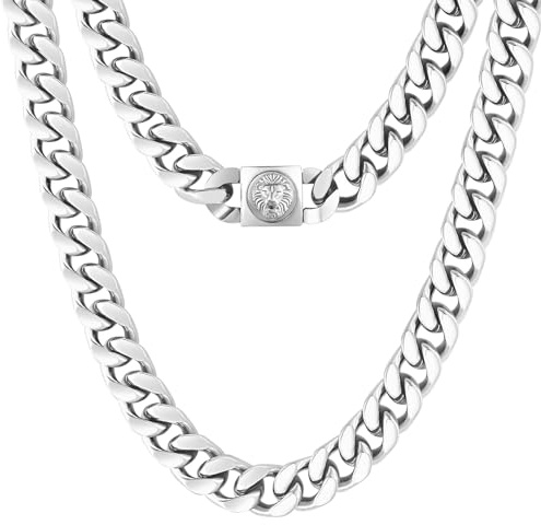 KRKC&CO 12mm Herren Panzerkette mit Löwe Kopf Verschluss, Weißgold plattiert Cuban Link Chain, Edelstahl Miami Kubanische Gliederkette Silberkette, Hip Hop Halskette für Männer Jungen [Größe 45,7cm]