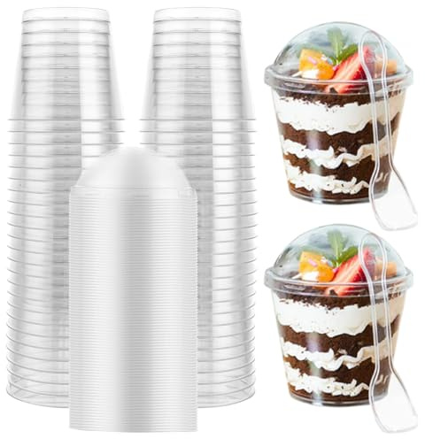 LOPYXBR 100 Stück Dessertgläser Plastik mit Deckel und Löffeln, 210 ml Runden Transparenter Kunststoff Dessertbecher, 7x5,5cm Wiederverwendbare Dessertgläser für Nachtisch Pudding Mousse Party