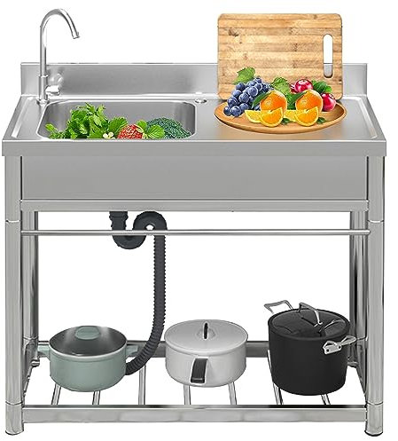Évier extérieur en acier inoxydable pour lavabo, évier de cuisine à cuve unique, évier de service autoportant, évier autoportant avec plan de travail et robinets d'eau, évier de cuisine avec