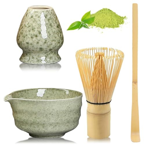 4Pcs Matcha Whisk Set: Matcha Tea Set with Matcha Bowl and Bamboo Matcha Whisk, Scoop, Whisk Holder, Matcha Tea Ceremony Set Reusable Matcha Making Kit for Matcha Tea Ceremony, Tea Lovers