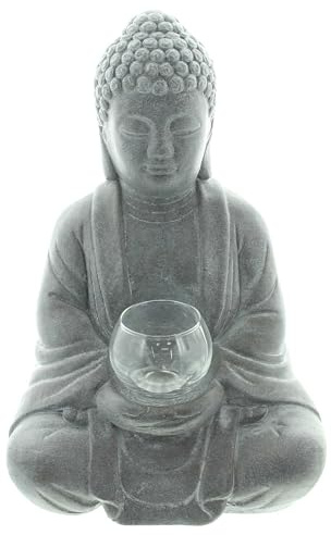 FRANK FLECHTWAREN Buddha Erleuchtung, Zement, schwere Qualität Maße: Höhe 33 cm, Teelichthalter aus Glas, ohne Teelicht