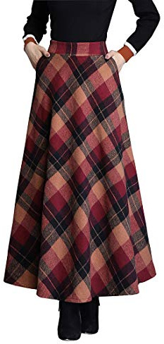 Rock Damen Winter Kariert Wollrock Lang A-Linie Warm Hohe Taille | Vintage herbst maxirock damen mit weiches glattes futter und zwei taschen, eleganter look für büro und freizeit.