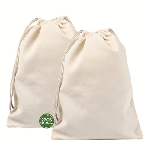 GEMMAHW Lot de 2 grands sacs de rangement à linge, 100 % coton, pratiques avec cordon de serrage, lavables, pour linge, voyage, shopping, rangement domestique (50 x 70 cm)