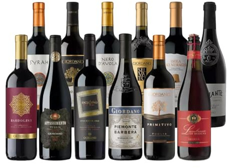 Giordano SELEZIONE ROSSI - Confezione da 12 Tipologie di Vini Rossi tra Secchi, Frizzanti e Invecchiati - 12 Bottiglie da 75 cl