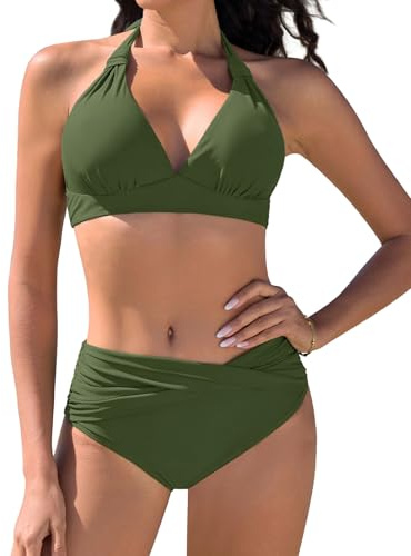 Nadeer Bikiniset för kvinnor push-up badmode baddräkter strand ties tvådelad sexig v-ringad baddräkt mid-high midja bikinibyxor, Armégrön, S