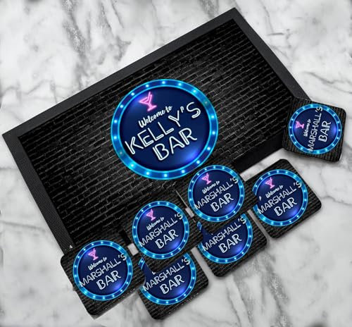 Artylicious Tapis de bar personnalisé | Dessous de verre – Cercle bleu fluo | Ensemble de cocktail – Tapis de bar et pub – Accessoires de bar à domicile (tapis de bar + 8 sous-verres)