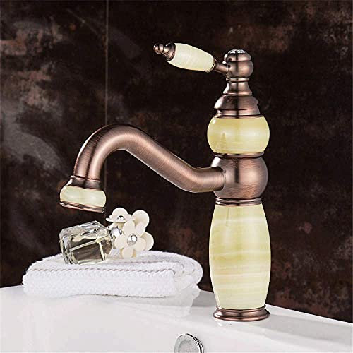 Sink Mixer Tap,Gold-Colored All-Copper Natural Jade Basin Tap Bench Bottom Basin Antique Hot and Cold Mixer Gold-Plated Marble Bathroom Sink Faucet/B (C)
