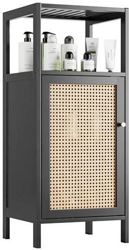 vovala Bambus-Bodenschrank mit Rattan, Kleiner Badezimmer-Aufbewahrungsschrank mit 1 Tür und 1 Fach, Platzsparender Holz-Küchenschrank, Flur-Beistelltisch, Freistehender Wohnzimmer-Ständer (Schwarz)