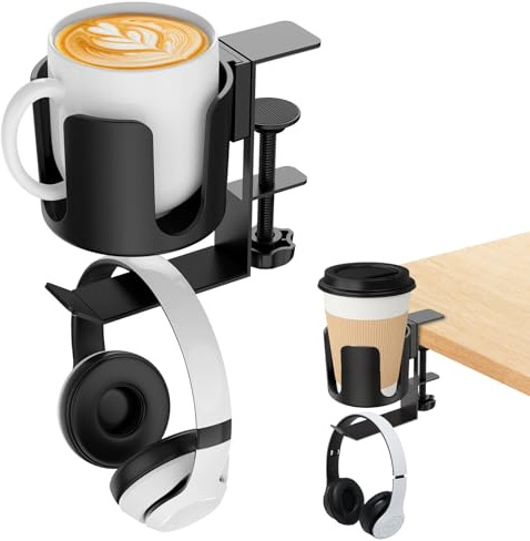 Spetsbst 2-i-1 mugghållare bord och headset hållare hörlurar hållare skrivbord mugghållare skrivbord anti spill mugghållare