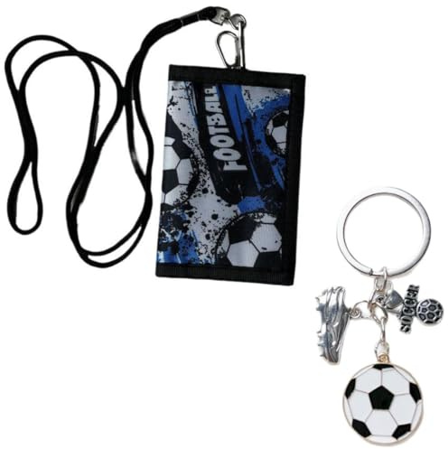 JYNVO artículo Cartera para Niños,Billetera Triple con Ranuras,con llavero y cordón,correa para el cuello y llavero para niños y niñas, fútbol y moda, Cartera Juvenil Chico (Fútbol)
