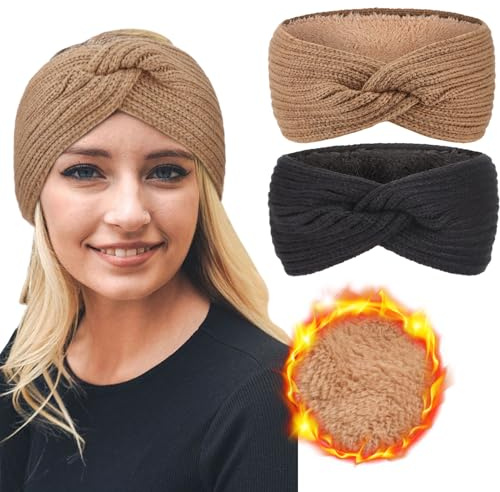 DRESHOW Femmes Chaud Tricoté Bandeau Hiver Oreille Plus Chaud Crochet Tête Enveloppe épais Polaire Doublure Cheveux Bandes, Taille unique, 2pcs Cross Style Set-06UK