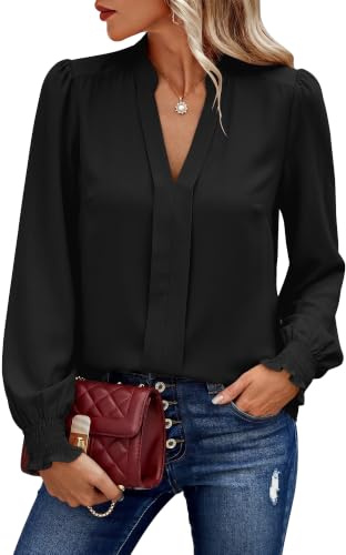 Bluse Damen 2026 Elegant Langarm mit Smock-Manschetten,Festliche Oberteile V-Ausschnitt,Business Casual Herbst Winter Shirt,Schwarz XL
