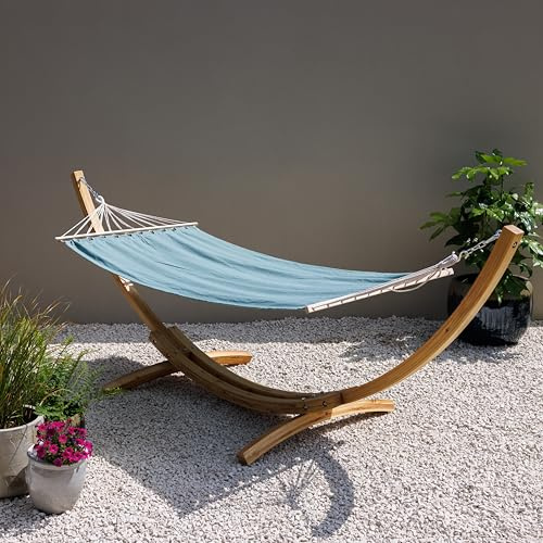 Primrose Garden Hammock Blue Cotton Blend with Free Standing Wooden Pine Stand and Spreader Bar