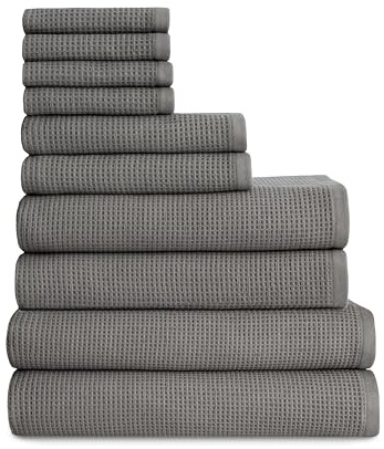Cozy Earth Complete Waffle Bath Bundle - 60% Cotton 40% Viscose from Bamboo - Quick Dry & Ultra-Soft Waffle Weave Bath Towels - 4 Washcloths, 2 Hand Towels, 2 Bath Towels, 2 Bath Sheets, Charcoal