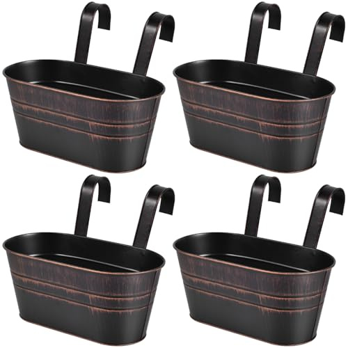 OBTANIM 4 Pack Metal Hanging Flower Pots Iron Railing Planter Outdoor Fence Hanging Pots Bucket Plant Holder with Detachable Hooks Drain Holes for Home Garden Yard Decor (Black)