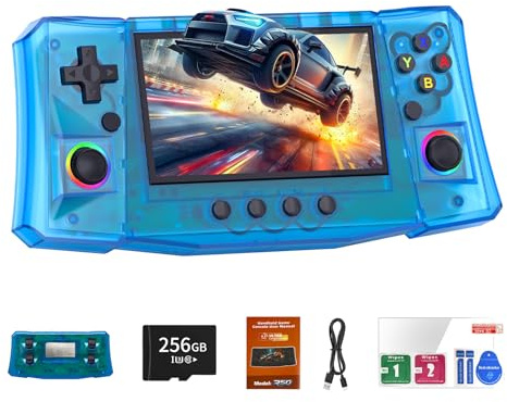 FHYRGF[50000 in 1] R50S Ultra Handheld Game Console 4.5 inch IPS Screen Mini Retro Console 4000mAh Portable Pocket 45+ Mainstream Emulator 256G TF Card Transparent.(Blue)