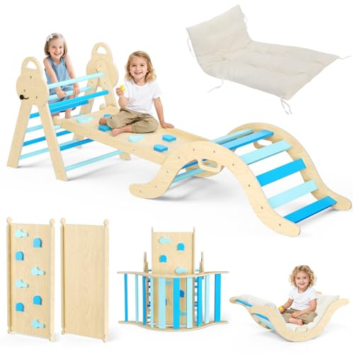 Montessori 7-in-1 Foldable Indoor Climbing Frame for Toddlers 1-3,Wooden Climber Set with Soft Safety Cushion, Arch, Ramp, Ladder & Slide,50kg Capacity（Blue）