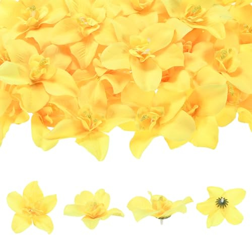 M METERXITY Artificial Flower Heads (3 Inch, Yellow) 50 PCS - Orchid Silk Fake Flowers & Faux Floral Bulk, Apply to DIY Crafts/Wedding/Party/Decor/Home